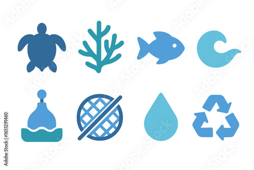 Environmental conservation icons featuring marine life and recycling