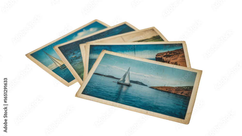 Fototapeta premium Stack of Vintage Postcards Featuring Sailing Boats and Seascapes