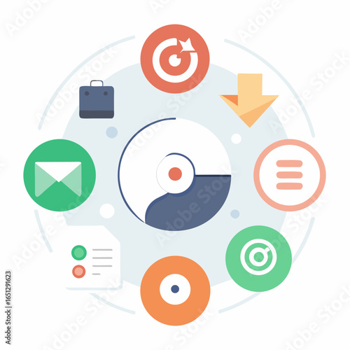 Circular Data Arrangement: A modern design visualizes data distribution, featuring diverse symbols and icons, a blend of innovation and clarity.