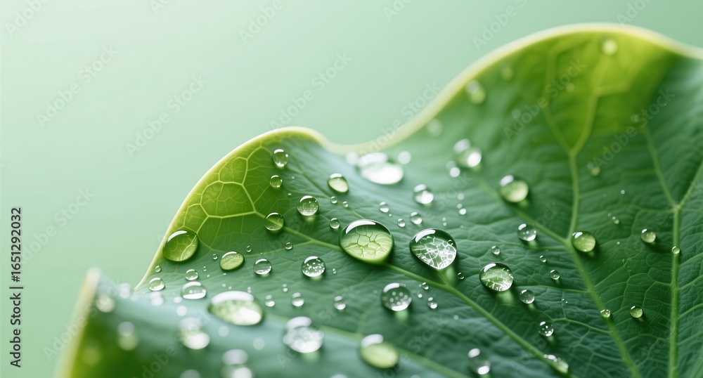 Fototapeta premium Raindrops glimmering on green leaf nature close-up photography fresh environment