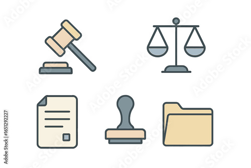 Legal elements: gavel, scales, document, and folder
