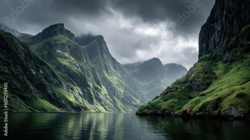 Mountains meet water on cloudy day, for adventure tourism & nature background