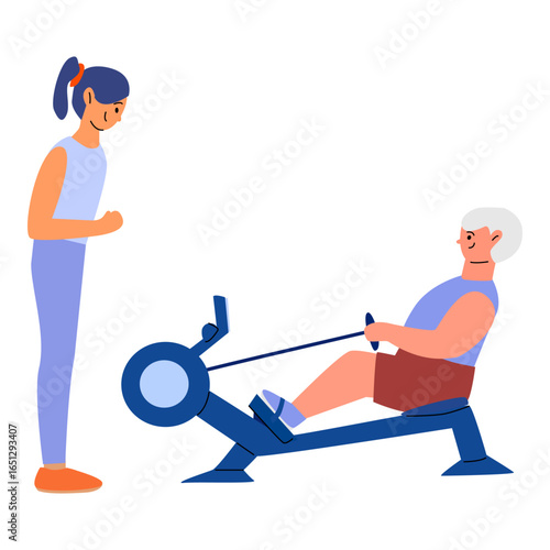 Female trainer assisting elderly caucasian male with rowing machine exercise.