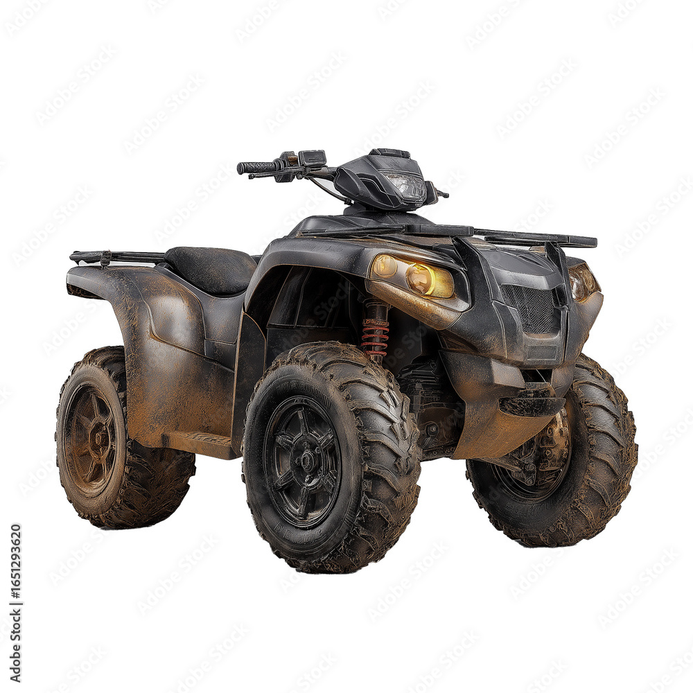 Fototapeta premium A powerful ATV, dark gray or black, covered in a layer of mud. It is shown at an angle, showing off its large, deep-tread tires, robust shock absorbers and massive body. The mud on the wheels and body