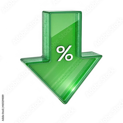 Vibrant green downward arrow with percentage symbol. Glossy financial graphic isolated on transparent background.