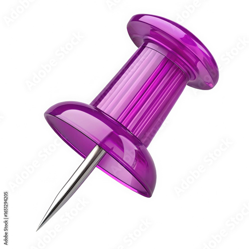Translucent purple thumbtack in photorealistic style. Office supply isolated on transparent background.