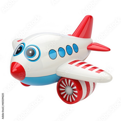 Whimsical cartoon toy airplane with blue eyes and smile. Playful aircraft isolated on transparent background.