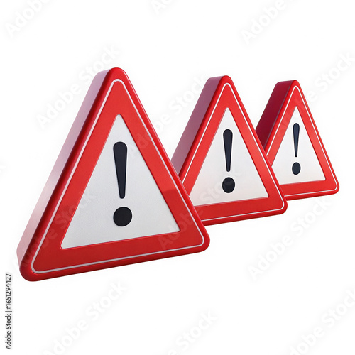Three red triangular warning signs isolated on transparent background. Diagonal arrangement of metallic red warning symbols. Glossy hazard signs with black exclamation marks.