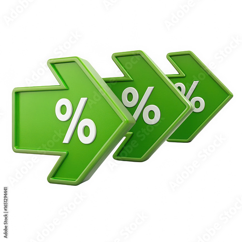 Three glossy green arrows with percentage symbols isolated on transparent background. Staggered receding perspective of vibrant right-pointing arrows. Modern SEO-friendly green percentage arrows.