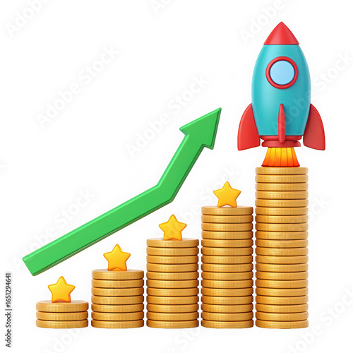 3D financial growth graph with golden coins isolated on transparent background. Upward trending arrow made of stacked coins. Retro rocket on a wealth growth chart.