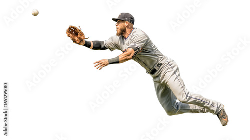 A determined male baseball player leaps to catch a flying ball, showcasing athleticism and focus.
