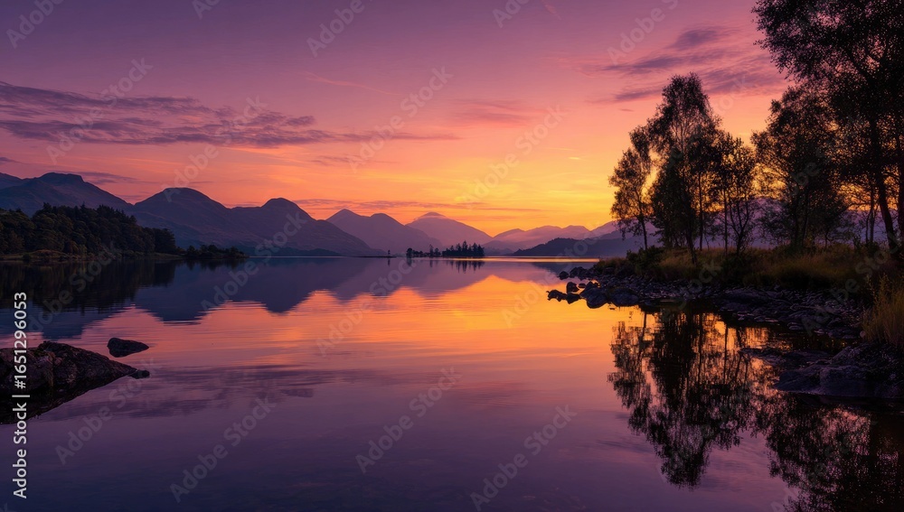 Fototapeta premium Serene lake sunrise panorama