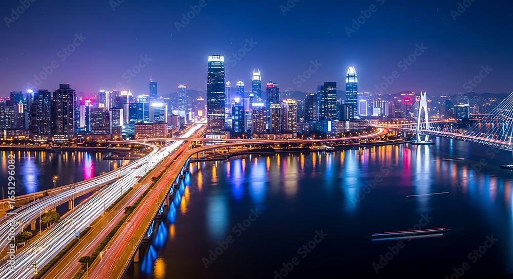 Obraz premium Stunning night cityscape with vibrant city lights reflecting on the water and illuminated bridges