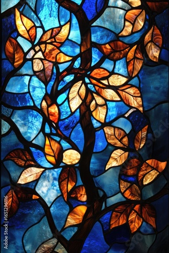 Stained glass, autumn leaves on branches against blue background