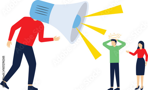 Manager screaming on the megaphone on a man colleague. Reproach with businessmen. Concept business illustration. Vector flat

