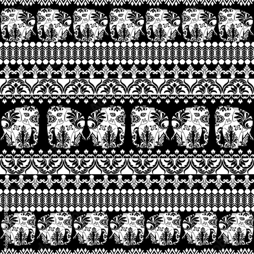 Sophisticated Thai elephant damask pattern in white on black background. Bold and luxurious, ideal for textiles, wallpapers, and decorative projects.