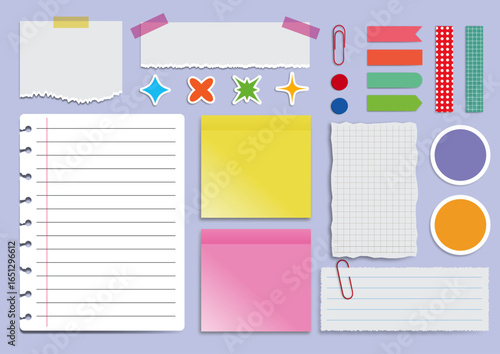 Collection of cute stationery elements including sticky notes