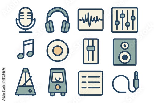 Vector illustration of music and audio equipment icons in flat design
