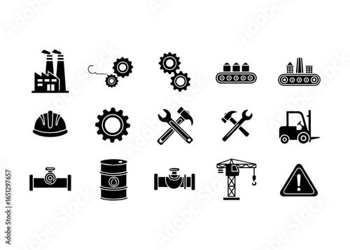 Industrial Icons Set: Factory, Gears, Tools, and Machinery