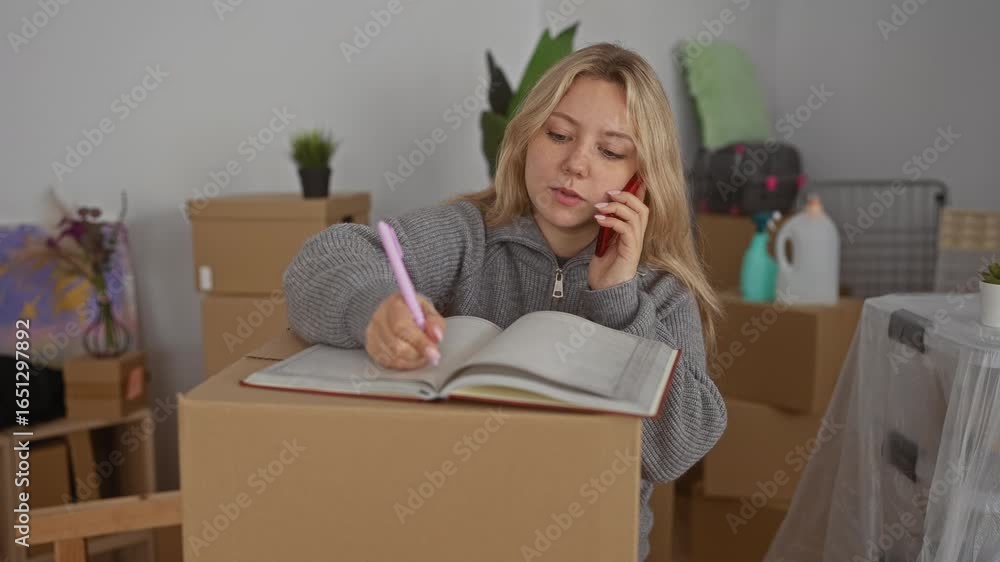 Woman talking on phone while writing in a notebook surrounded by moving boxes in a living room, capturing a moment of organization in a new home environment. Woman talking on phone while writing in a notebook surrounded by moving boxes in a living room, capturing a moment of organization in a new home environment.