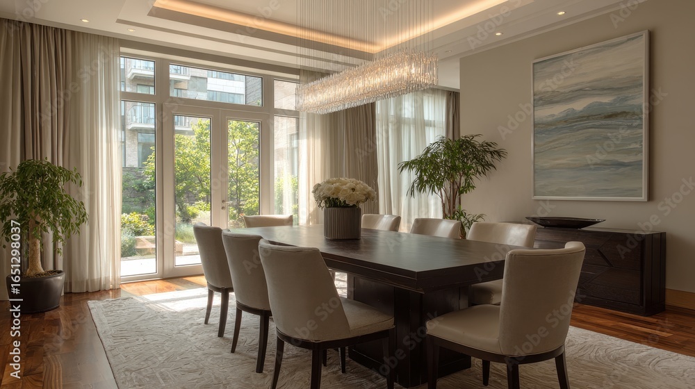 Fototapeta premium Luxury dining room with table, light, and garden view. Interior design example