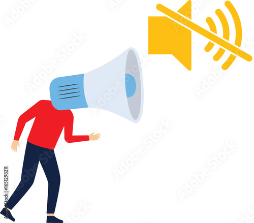 Businessman holding a megaphone standing on a mute icon. Inequality discrimination. Don't let cry out blocking freedom of speech. Flat vector illustration.