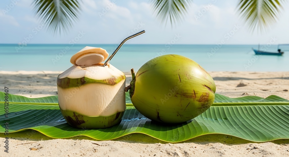Fresh coconut drink on the beach with palm tree and boat, perfect for summer vacation and relaxation Fresh coconut drink on the beach with palm tree and boat, perfect for summer vacation and relaxation