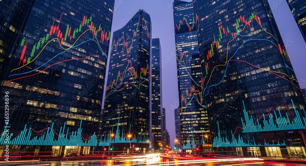 Obraz premium Financial Pulse: Stock Market Charts Illuminate the Skyscrapers of a Futuristic City at Night