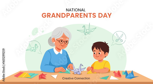 Grandmother and grandson bonding over origami on National Grandparents Day.