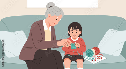 An elderly grandmother patiently teaches her young grandchild how to knit with colorful yarn on a comfortable sofa.