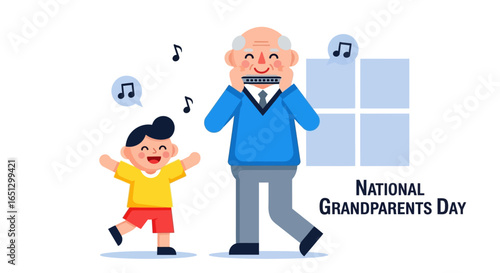 A joyful grandfather plays a harmonica for his grandson, who dances happily, celebrating National Grandparents Day with music and shared delight.