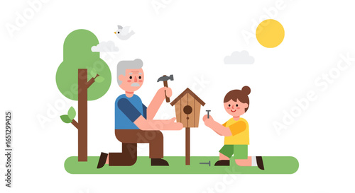 Grandfather and grandchild building a wooden birdhouse together outdoors on a sunny day.