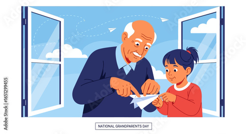 A loving grandfather teaching his granddaughter to fold paper airplanes by an open window, celebrating intergenerational bonding.