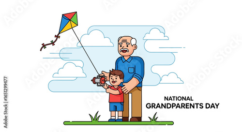 Grandfather and grandson flying a colorful kite together on National Grandparents Day.