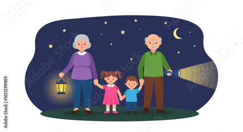 An illustration of a loving family, with grandparents and two young children holding hands under a starry night sky, illuminated by a lantern and flashlight.