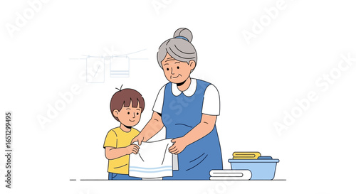 Grandmother and grandson doing laundry together, teaching household chores.