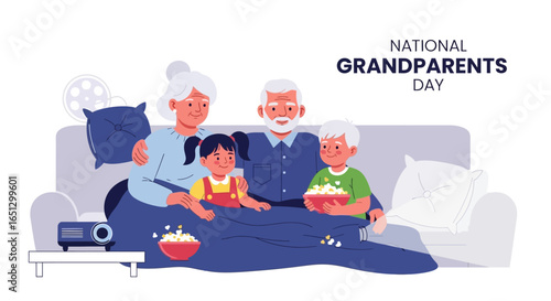 A heartwarming illustration depicts a family, including grandparents and grandchildren, enjoying a movie night on the couch.