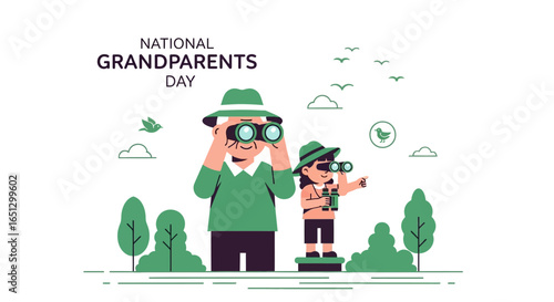 Grandfather and granddaughter celebrating National Grandparents Day, using binoculars to explore nature.
