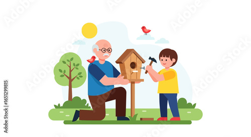 A grandfather and his grandson build a birdhouse together in a sunny outdoor setting, with birds flying nearby.