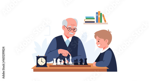 A grandfather teaches his grandson how to play chess, pointing to the board while the boy looks on with a smile. Books and a clock are on the table.