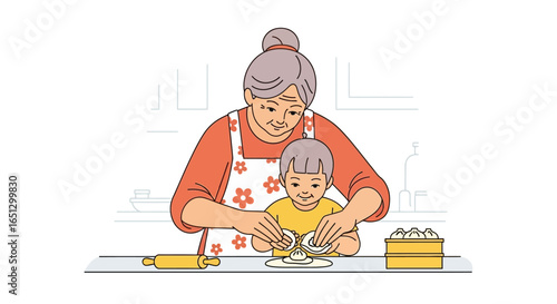 Grandmother and grandchild are cooking together in the kitchen, preparing dough, with a rolling pin and ingredients visible.