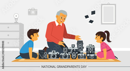 Grandfather shows his vintage camera collection to his grandchildren on National Grandparents Day, sitting on the floor, surrounded by cameras.