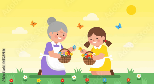 Smiling grandmother and granddaughter sharing colorful flowers in a meadow.
