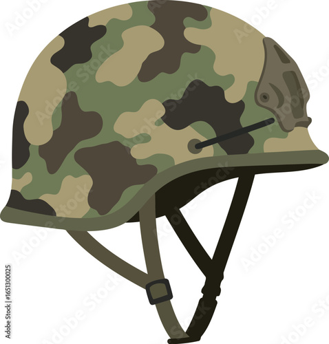 Modern military combat helmet with camouflage pattern and chin strap isolated on white background for protection and safety