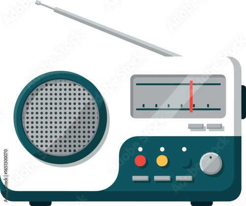 Retro portable transistor radio with a telescopic antenna and tuning dial isolated on a white background