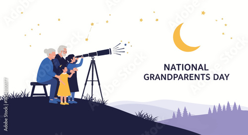 Grandparents and grandchildren looking through a telescope on National Grandparents Day, a heartwarming scene.