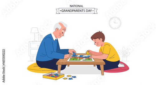 Grandfather and grandson playing a board game together on National Grandparents Day.