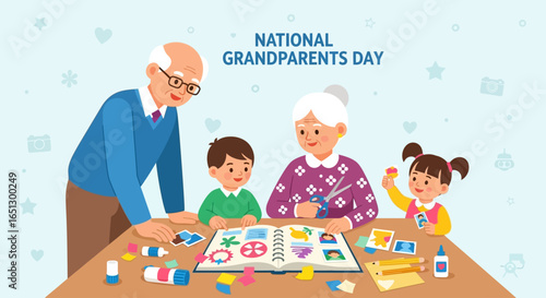 Grandparents and grandchildren celebrating National Grandparents Day by creating a scrapbook together.
