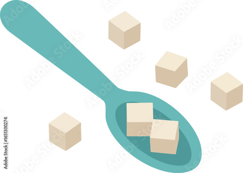 A teal spoon holding several white sugar cubes with a few scattered around on a white background representing sweetness and ingredients