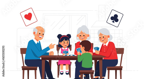 Grandparents and grandchildren happily playing cards together at a table.